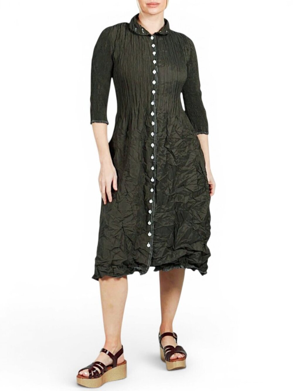 Alquema Contrast Nehru Coat Dress Olive Green White Stitching Button Front S - M